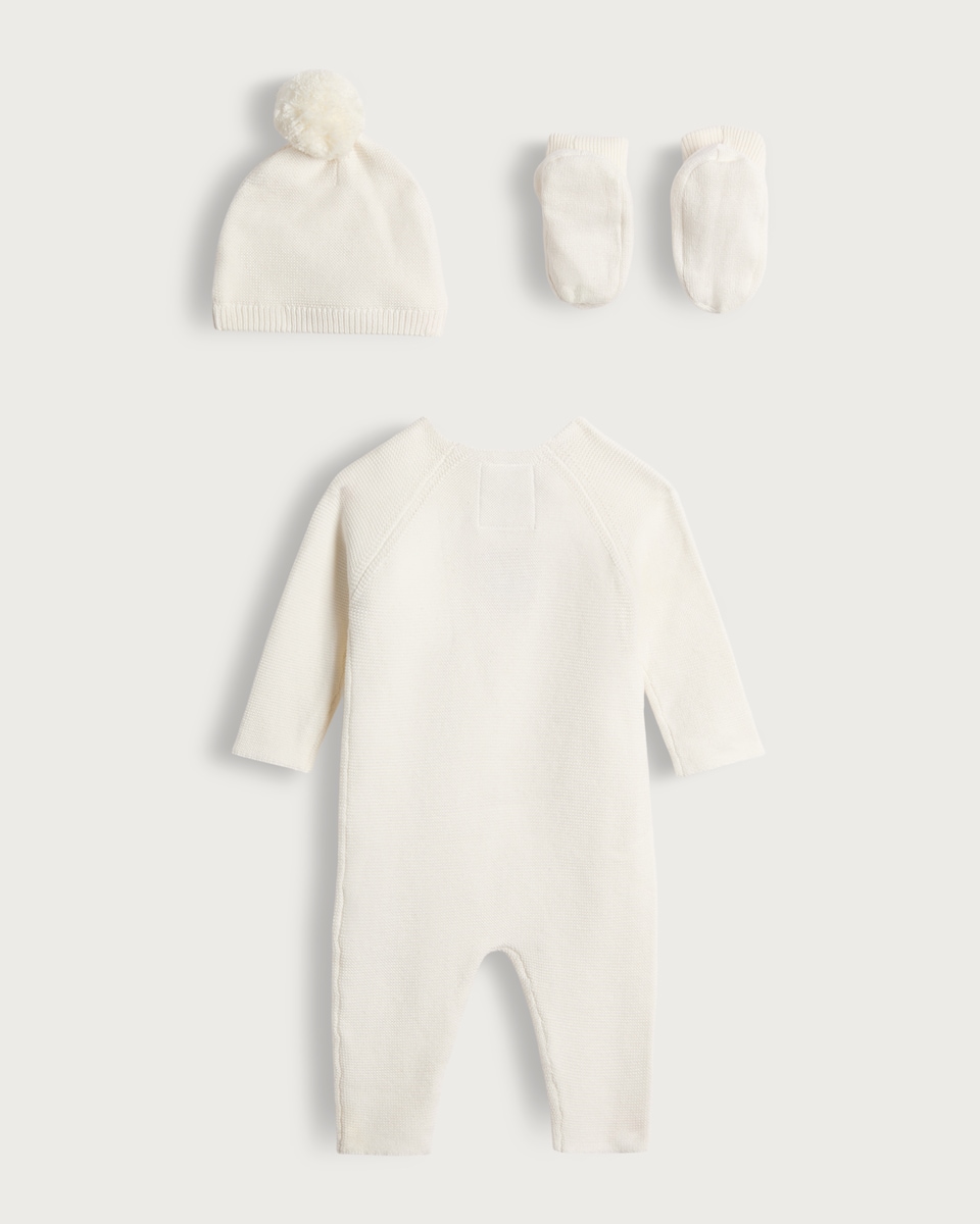 image 1 of F&F Baby 3-Piece Pure Cotton Knitted Bear Romper, Hat and Bootie Set in White