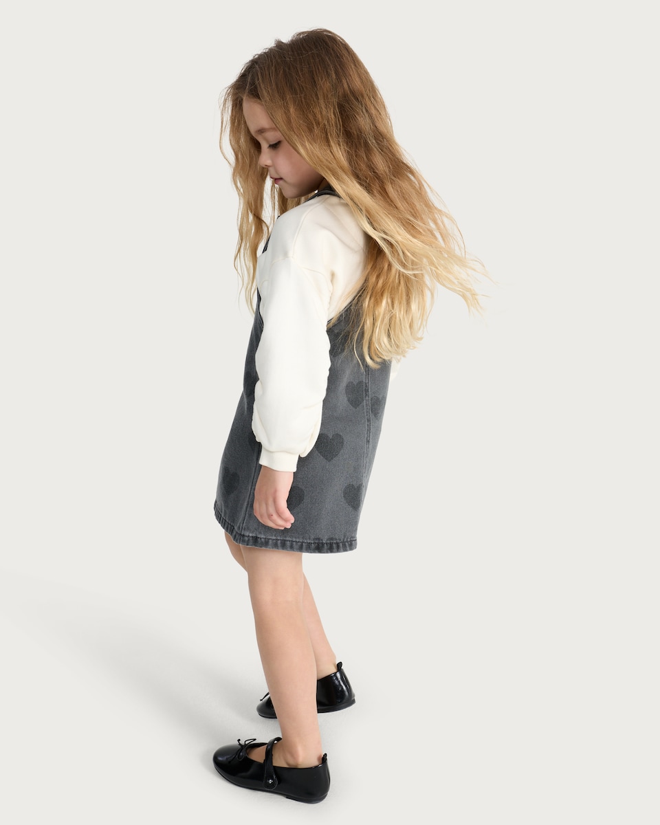 image 1 of F&F Girls 2-Piece Heart Print Denim Pinafore and Sweatshirt Set in Black