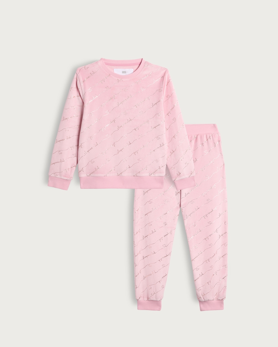 image 1 of F&F Girls Minky Foil Print Pyjama Set in Pink