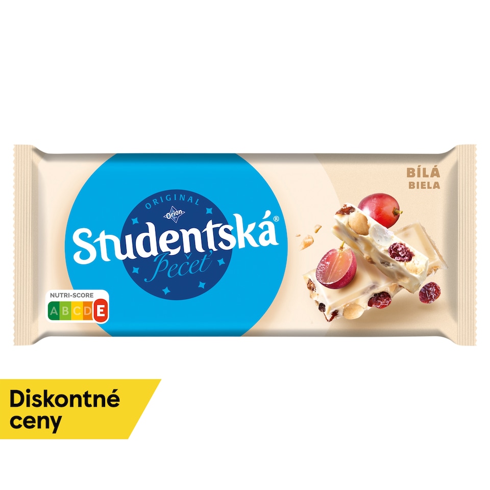 ORION ŠTUDENTSKÁ PEČAŤ biela čokoláda s arašidmi, hrozienkami a želé 170 g