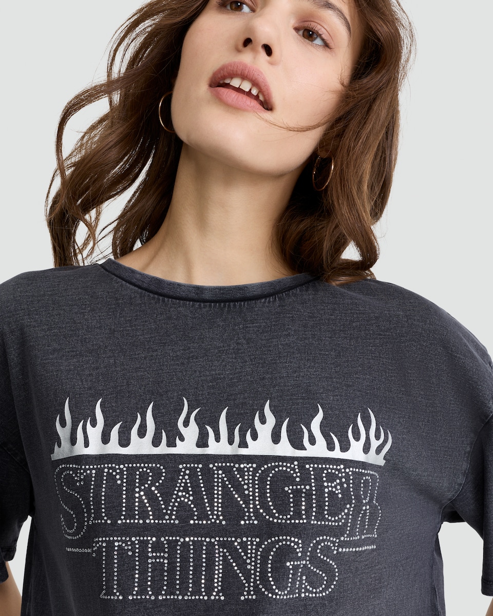 image 1 of Stranger Things Pure Cotton Flame Print T-Shirt in Grey