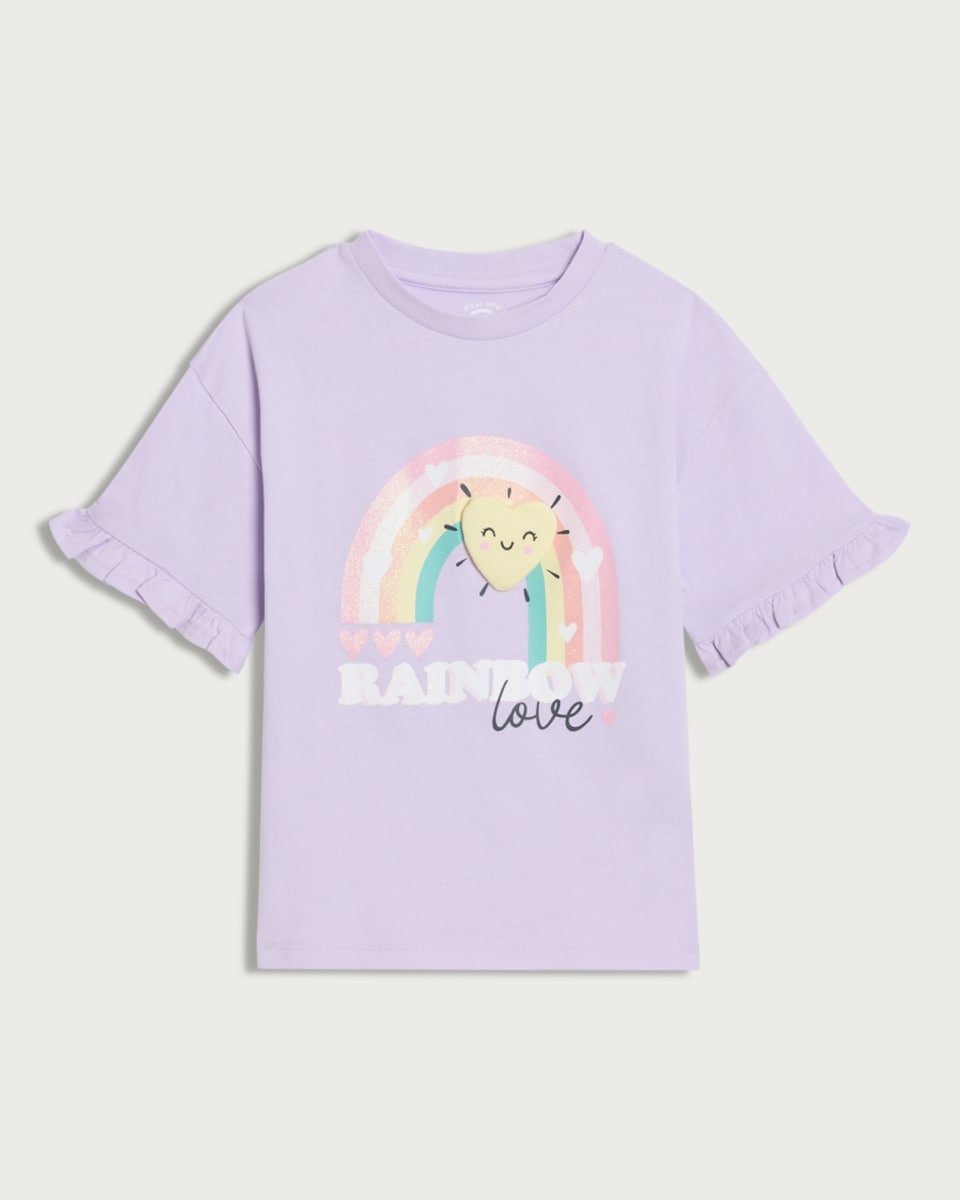image 1 of F&F Girls Pure Cotton Rainbow Love Frill Sleeved T-Shirt in Multi