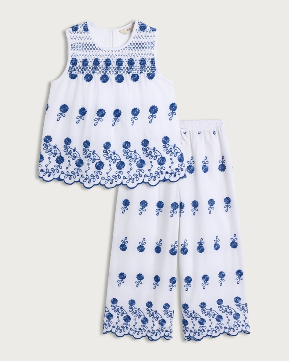 image 1 of F&F Girls 2-Piece Pure Cotton Embroidered Top and Trousers in Blue