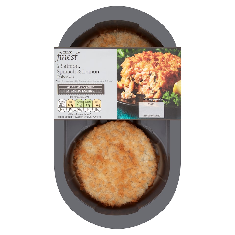 Tesco Finest 2 Salmon ,Spinach And Lemon Fish Cakes 290G