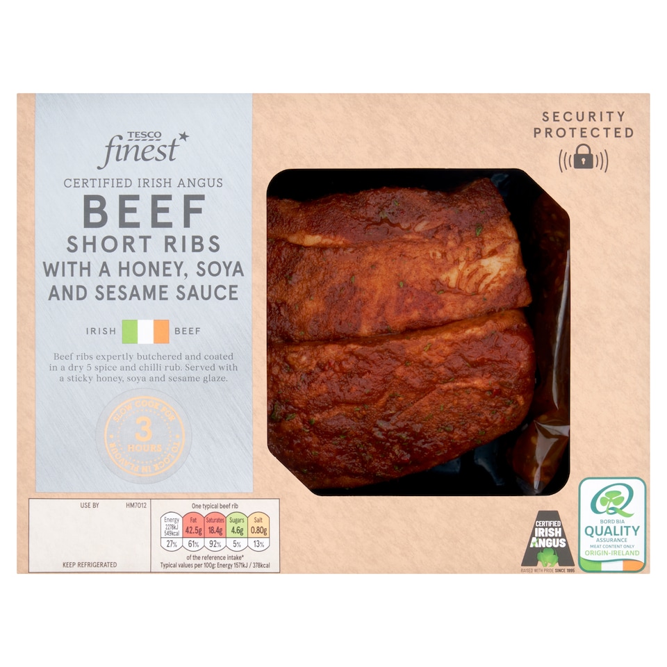 Tesco Finest Certified Irish Angus Beef Short Ribs with a Honey, Soya and Sesame Sauce 635g