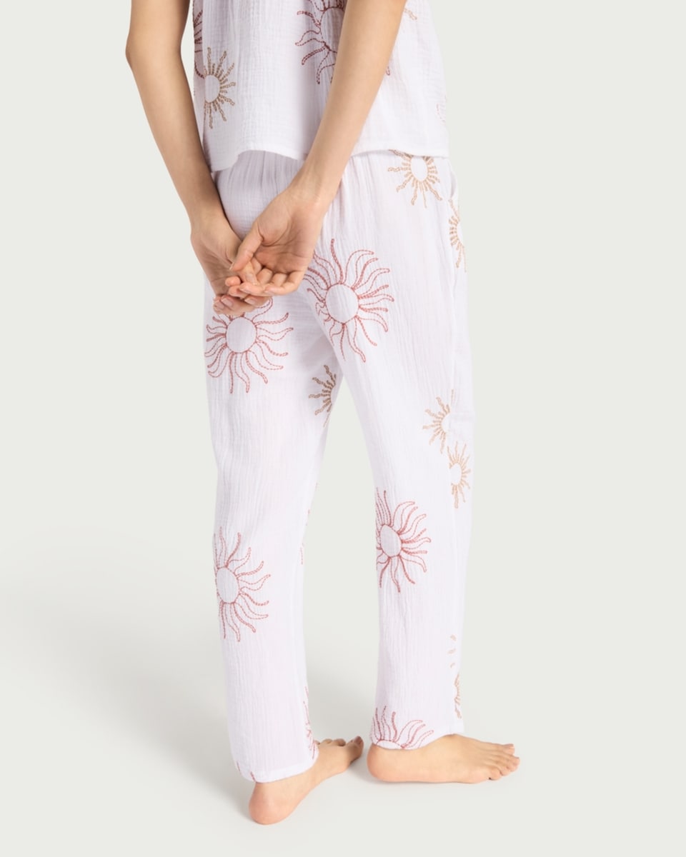 image 1 of F&F Pure Cotton Sun Embroidered Drawstring Pyjama Bottoms in Cream