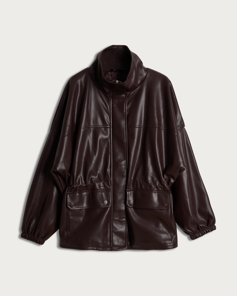 image 1 of F&F Faux Leather High Neck Jacket in Brown