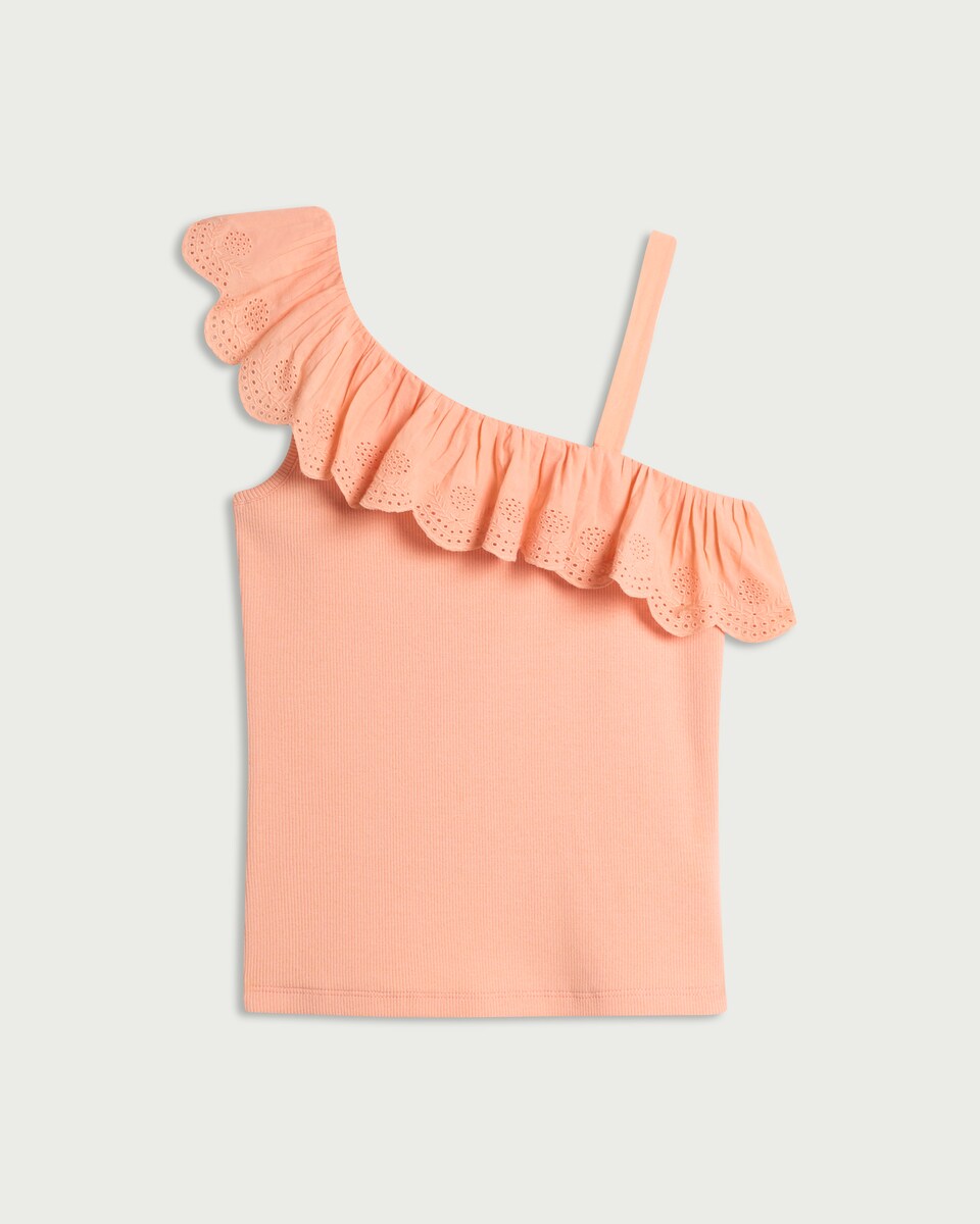 image 1 of F&F Girls Cotton Rich One Shoulder Top in Coral