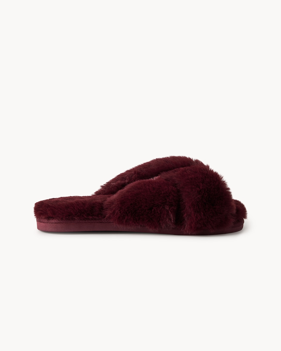 image 1 of F&F Faux Fur Crossover Slippers in Burgundy