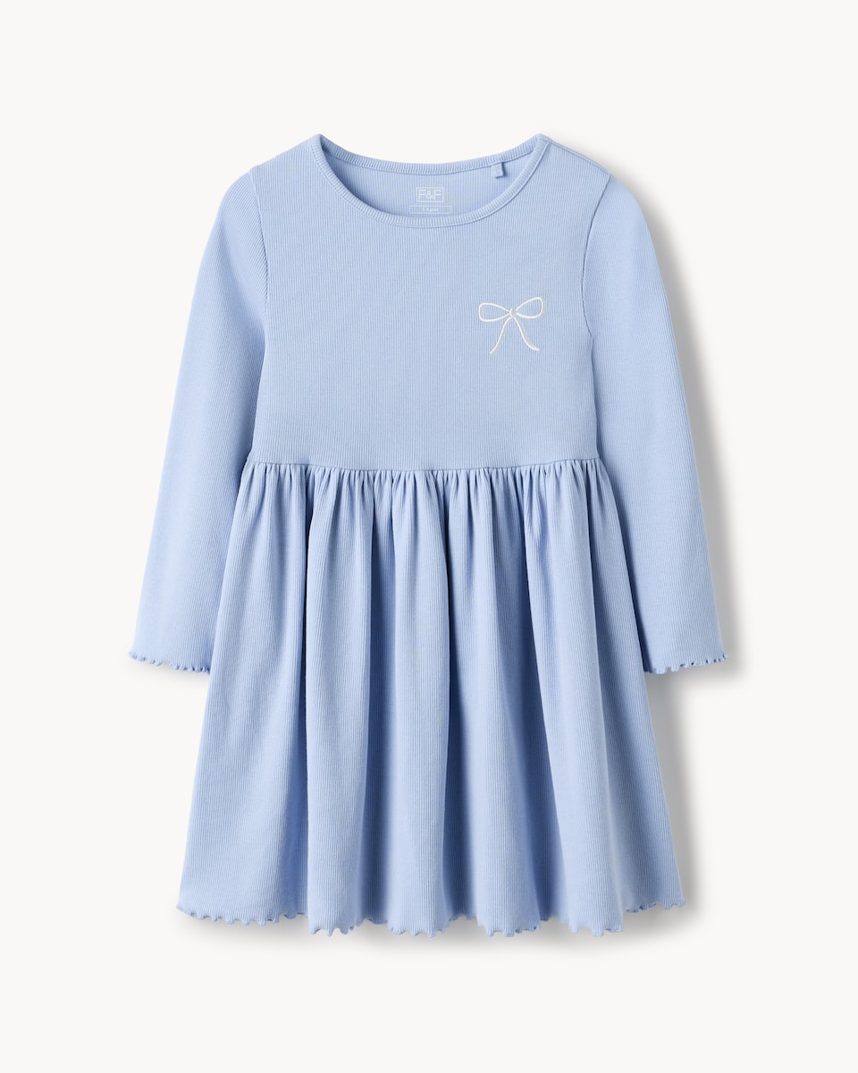 image 1 of F&F Girls Cotton Rich Ribbed Embroidered Bow Dress in Blue