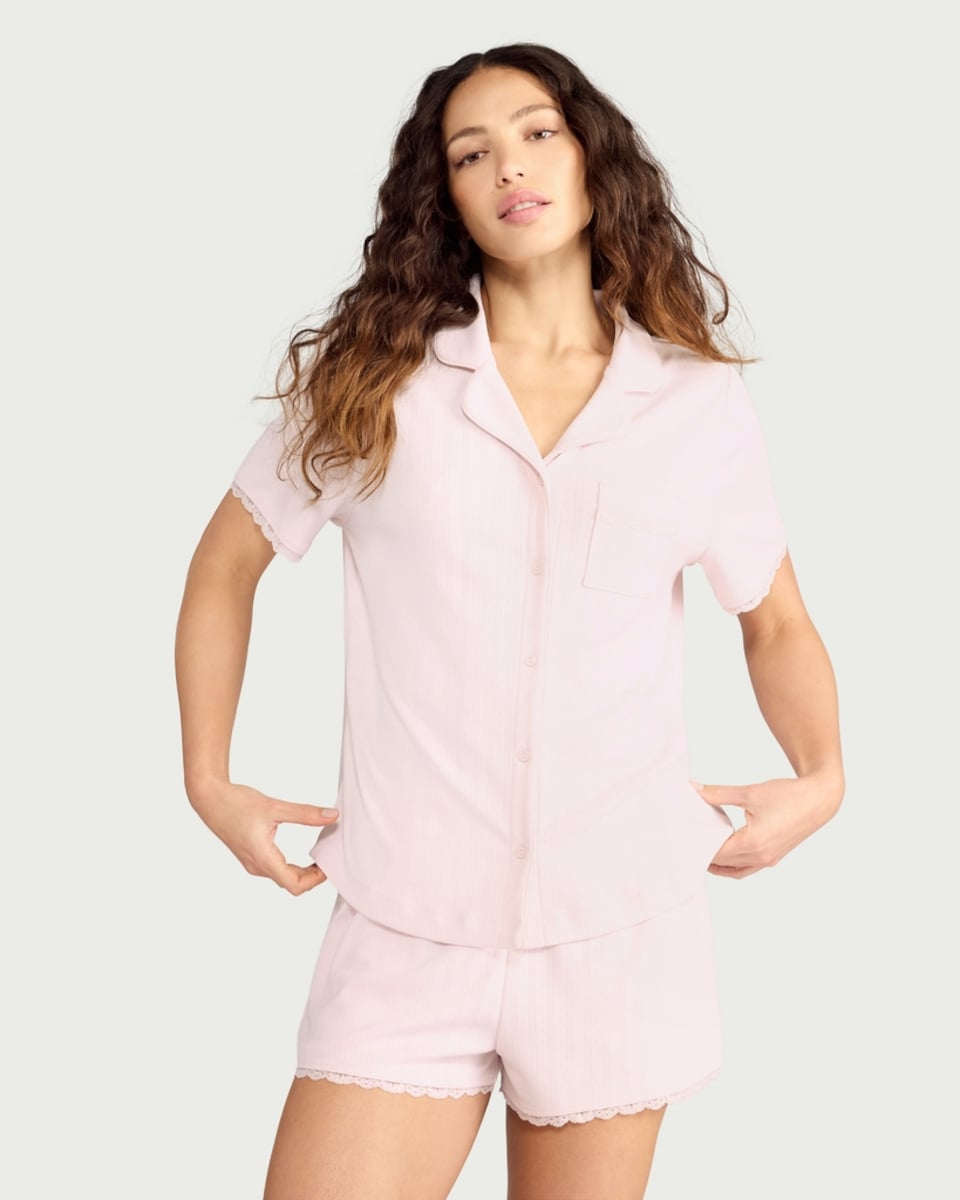 image 1 of F&F Pointelle Revere Short Pyjama Set in Pink