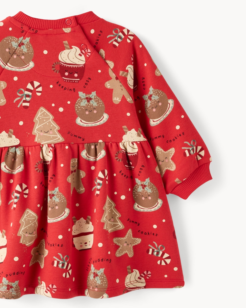 image 1 of Christmas Baby Cotton Rich Print Sweat Dress in Red