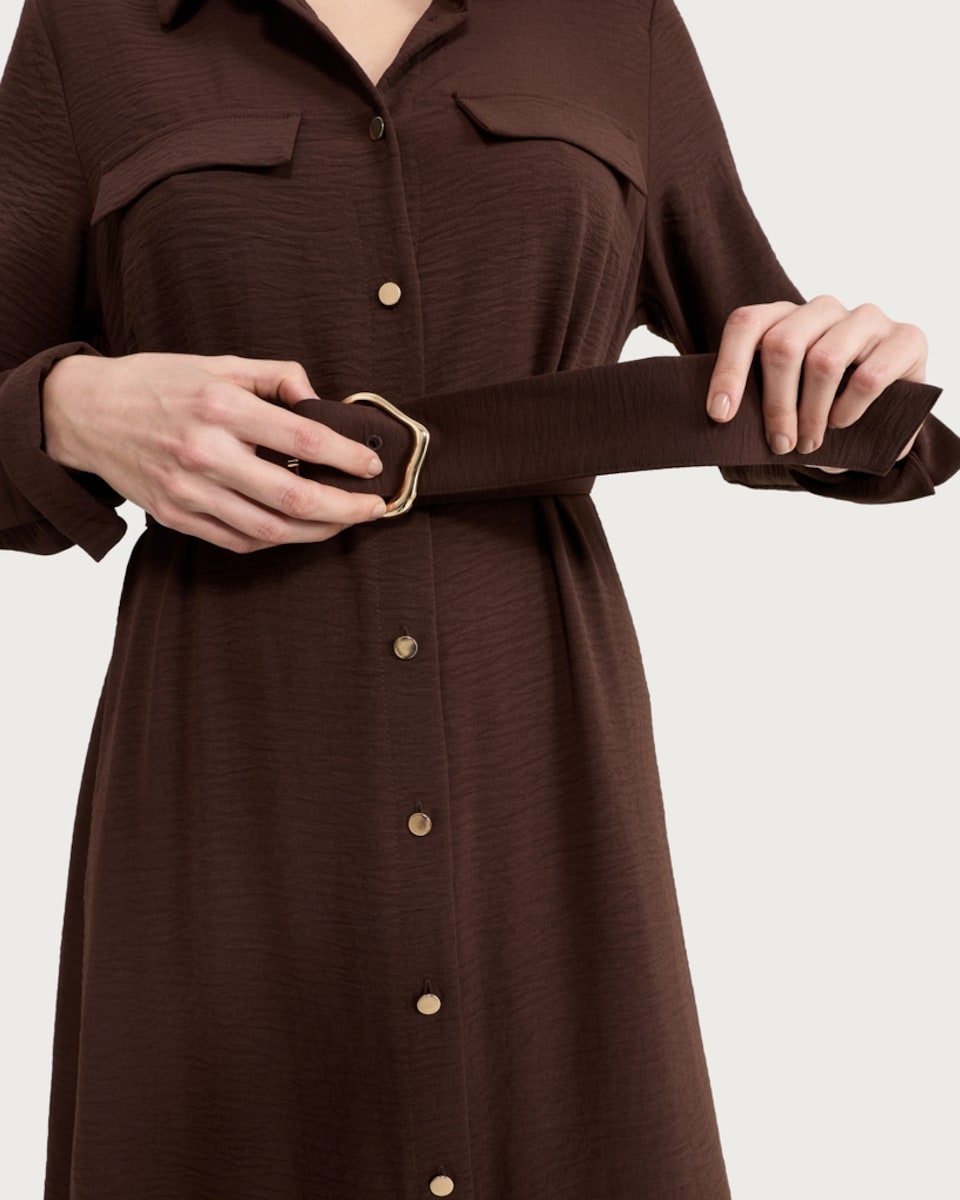image 1 of F&F Belted Button Up Long Sleeved Midi Shirt Dress in Chocolate