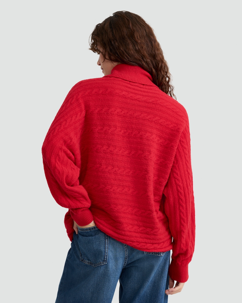 image 1 of F&F Cable Knit Roll Neck Batwing Jumper with Wool in Red