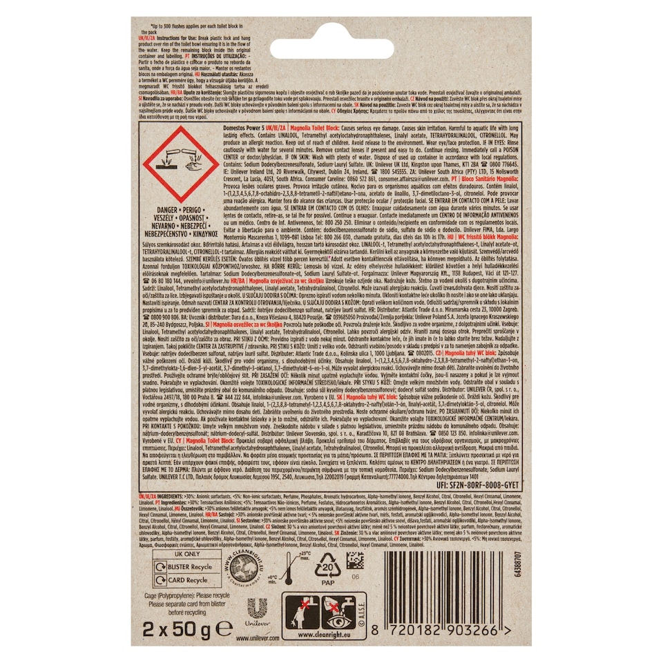 image 1 of Domestos Power 5 Magnolia Solid Toilet Block 2 x 50g