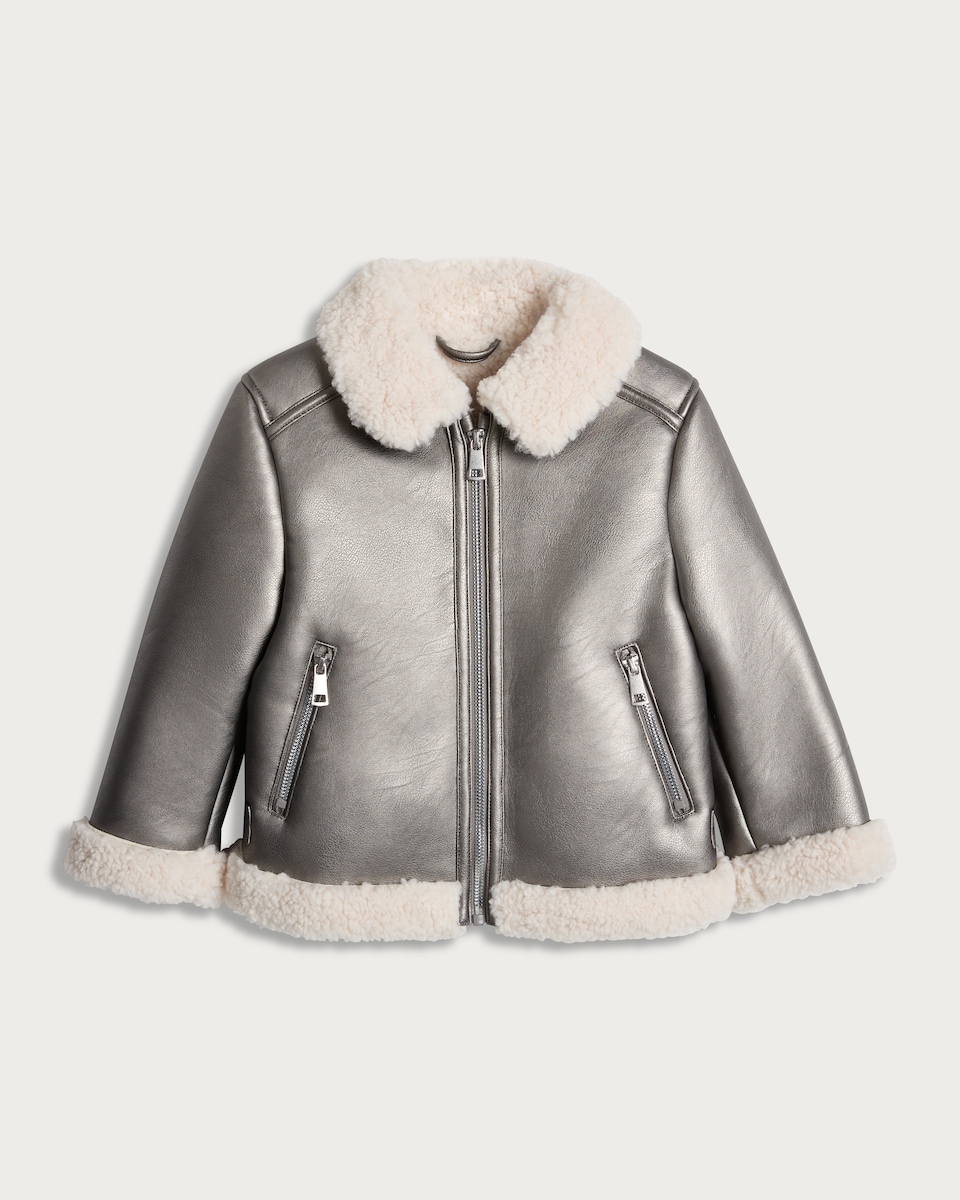image 1 of F&F Girls Faux Leather Shearling Collar Aviator Jacket in Silver