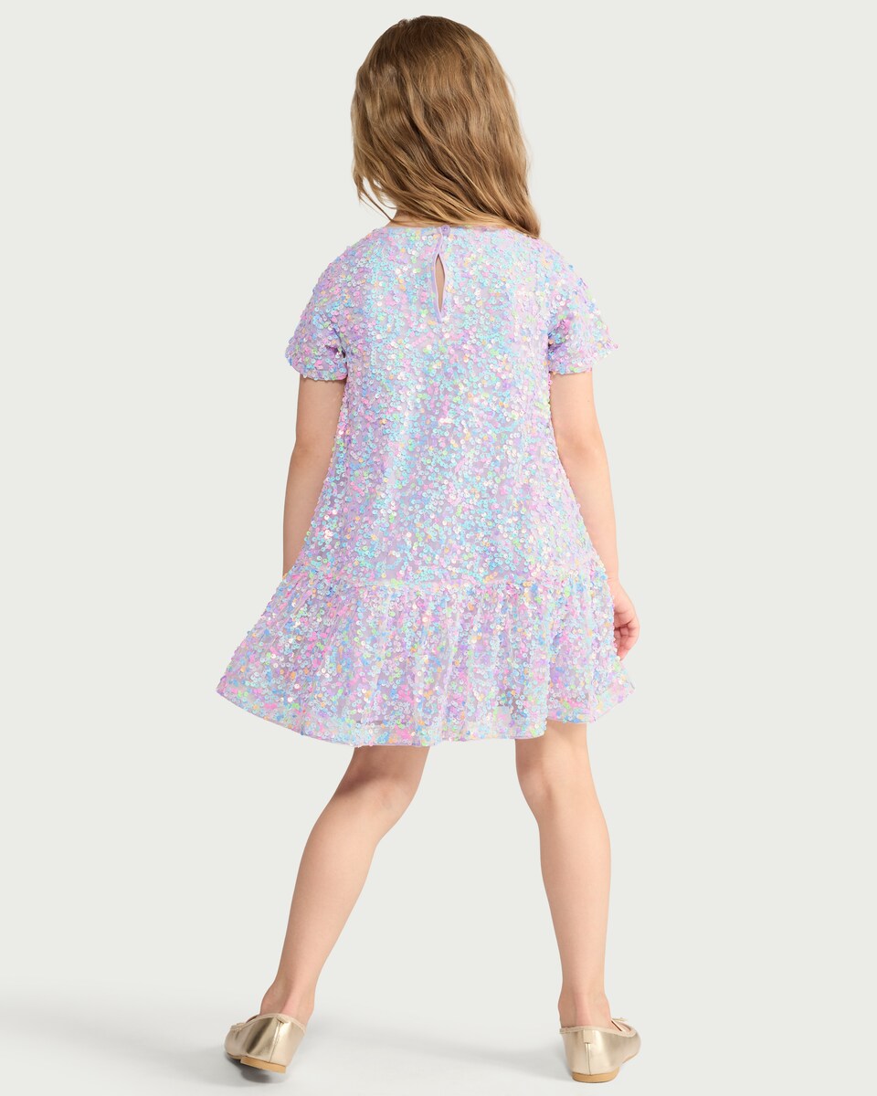 image 1 of F&F Girls Sequin Short Sleeved Dress in Lilac