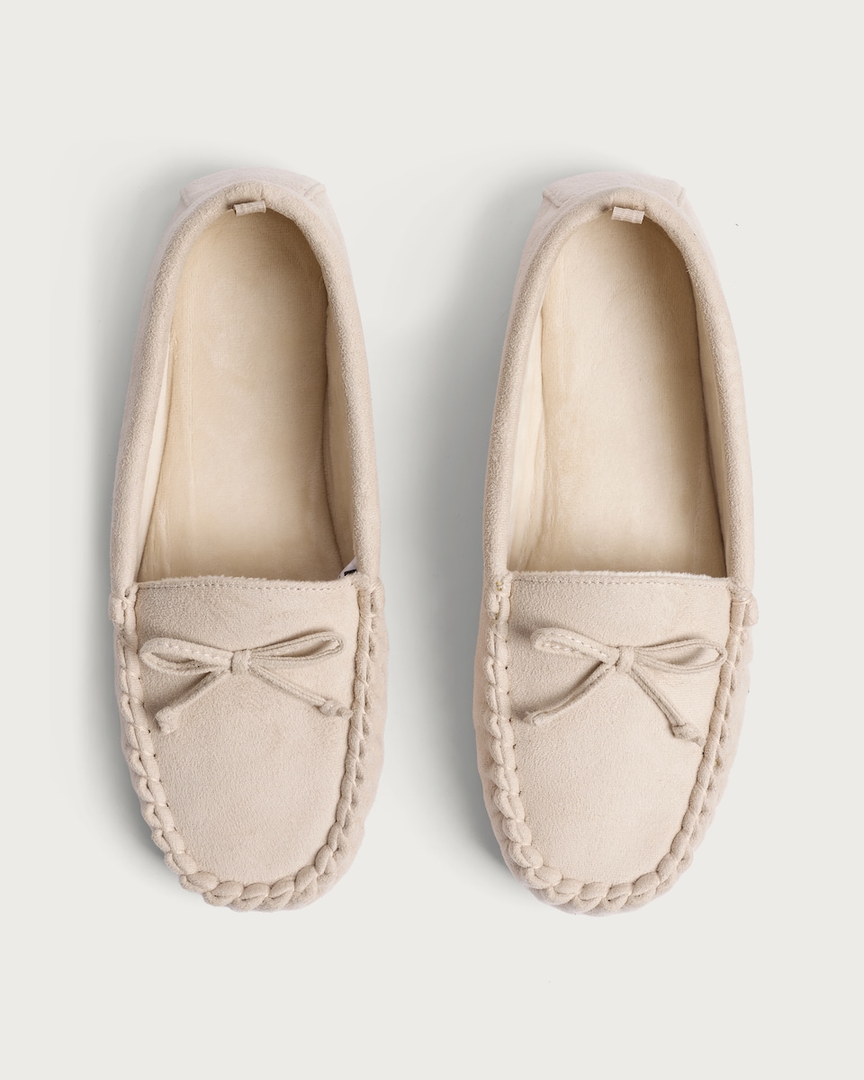 image 1 of F&F Bow Detail Moccasin Slippers in Neutral
