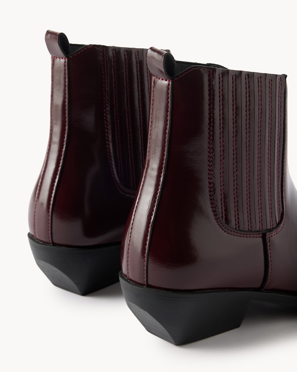 image 1 of F&F Faux Leather Western Block Heeled Ankle Boots in Burgundy