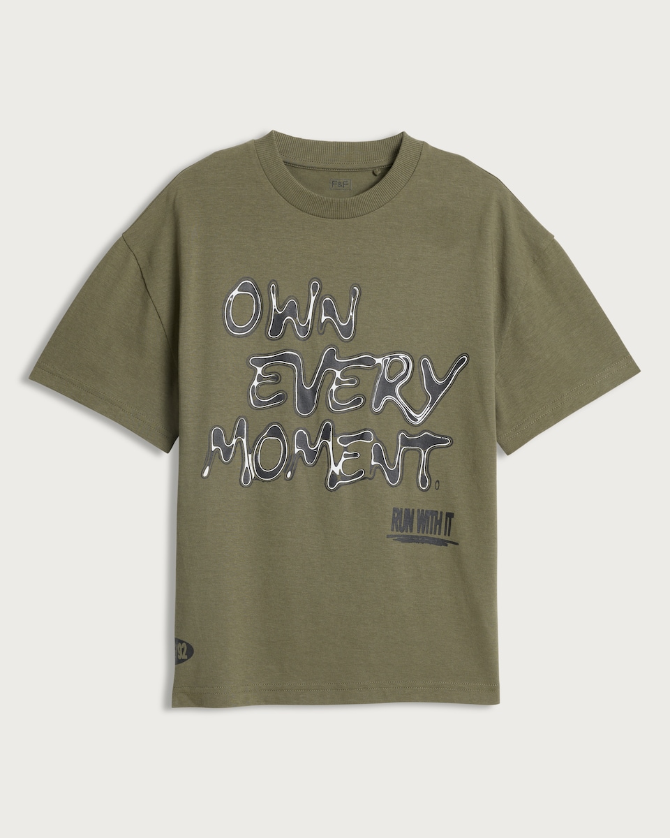 image 1 of F&F Boys Pure Cotton Printed Oversized Fit T-Shirt in Khaki