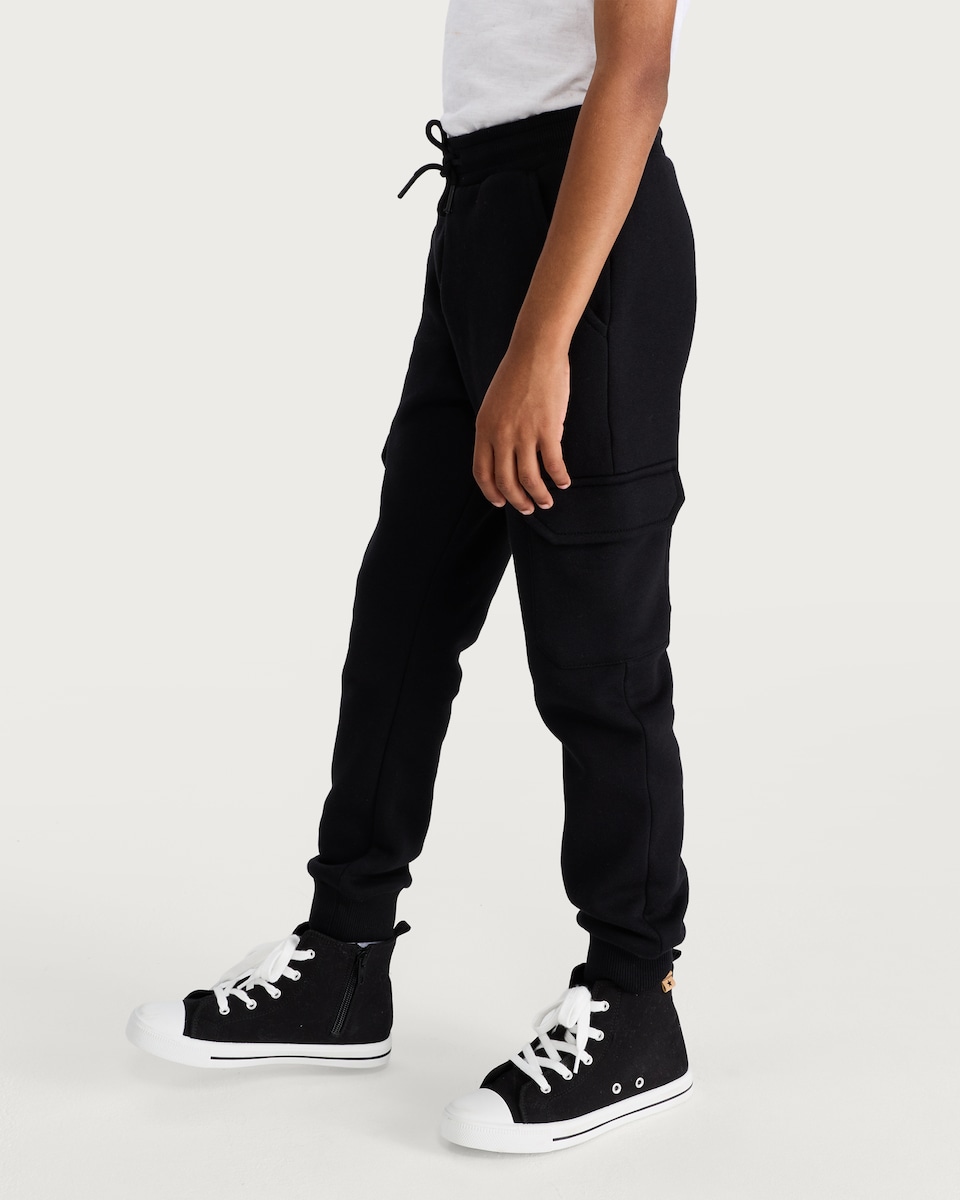 image 1 of F&F Boys Cotton Rich Cuffed Drawstring Cargo Joggers in Black