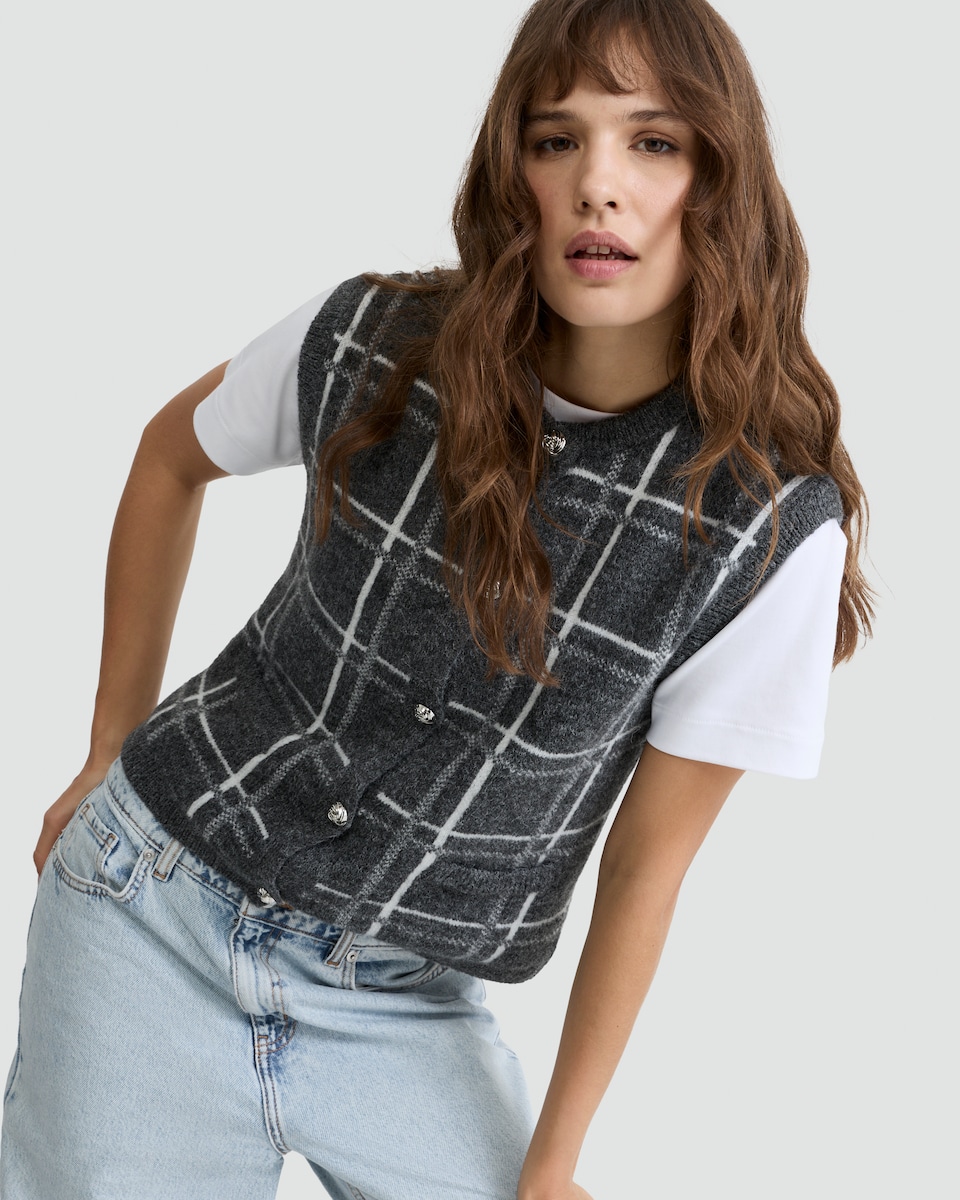 image 1 of F&F Knitted Check Print Button Up Vest with Wool in Grey