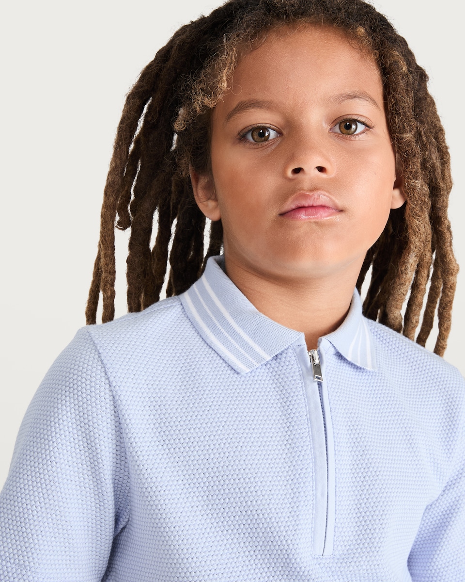 image 1 of F&F Boys Cotton Rich Textured Striped Polo Shirt in Blue