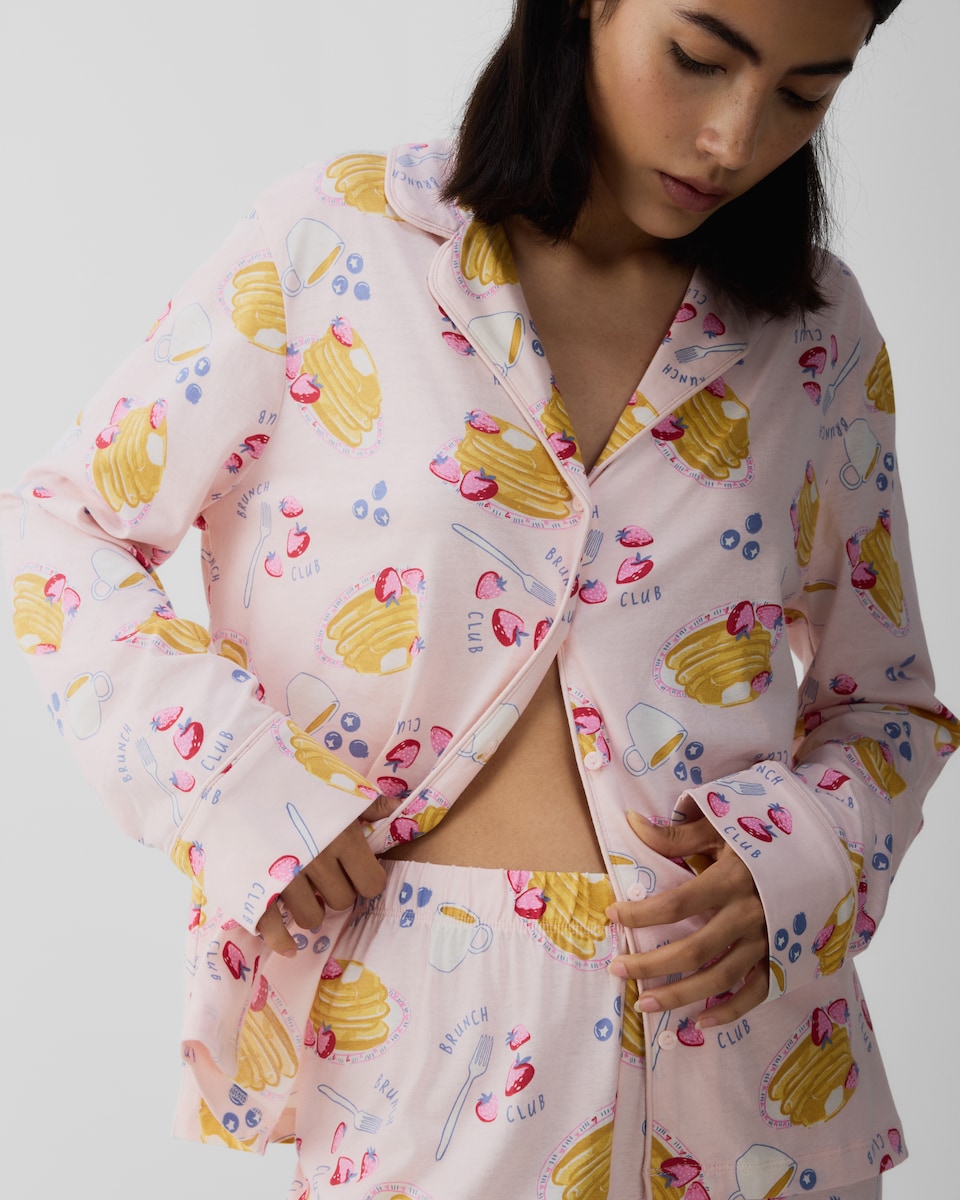 image 1 of F&F Pure Cotton Pancake Print Revere Pyjama Set in Multi Pink