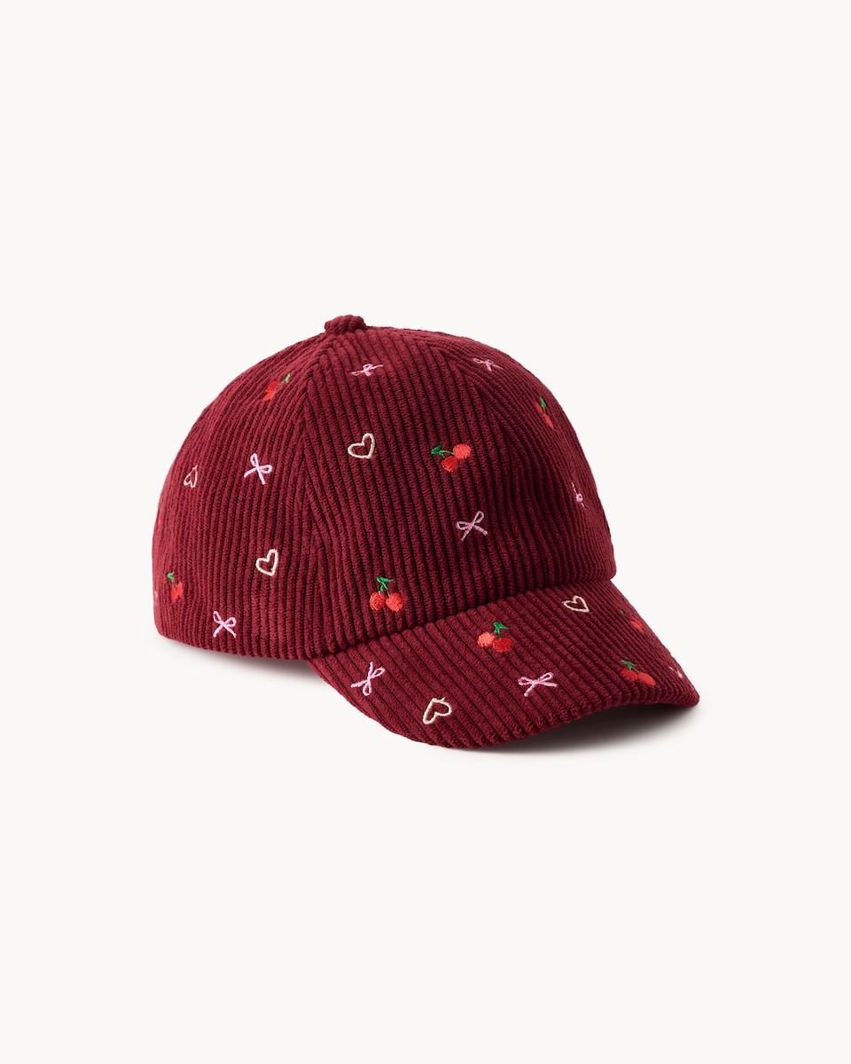 image 1 of F&F Girls Corduroy Embroidered Cap in Burgundy