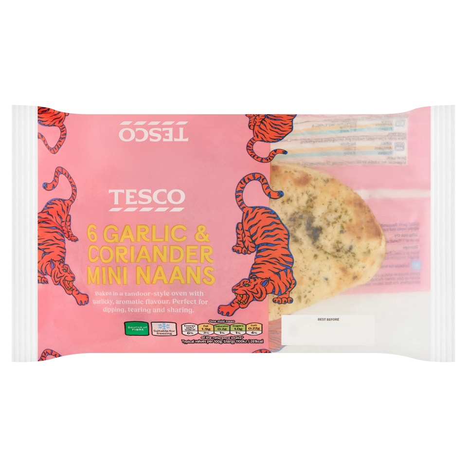 Tesco Mini Garlic & Coriander Naans 6 pack