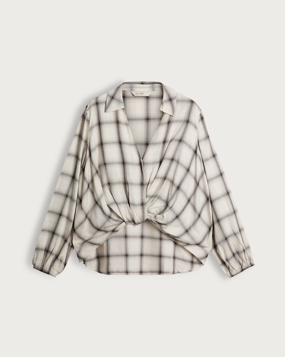 image 1 of F&F Twist Front Check Print Long Sleeved Shirt with Lurex in Cream