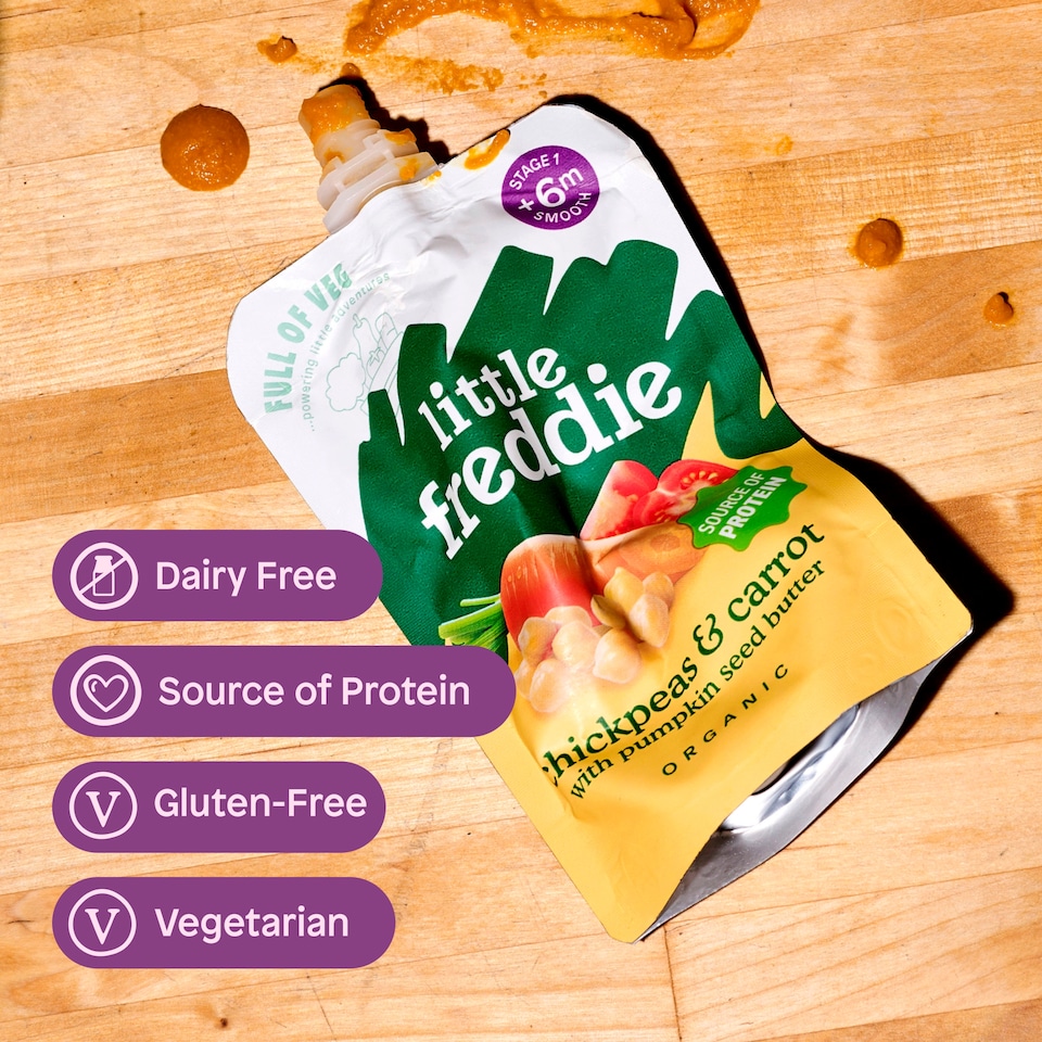 image 1 of Little Freddie Organic Chickpeas & Carrots With Pumpkin Seed Butter Baby Food Pouch +6Months 100g