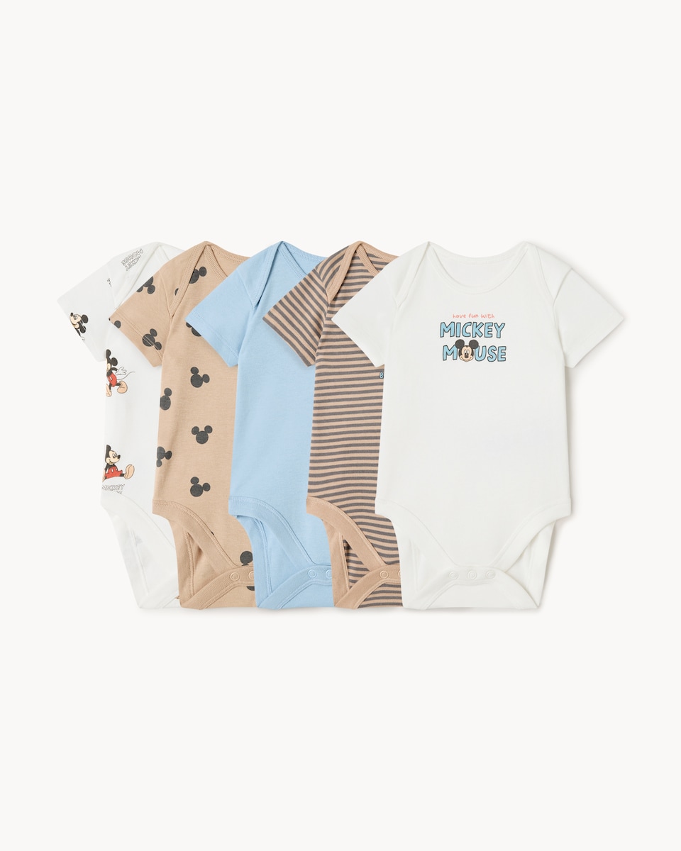 image 1 of Disney Mickey Mouse 5-Pack Pure Cotton Bodysuits in Med Nude