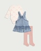 image 2 of F&F Baby 3-Piece Cotton Rich Ruffle Denim Pinny, Bodysuit and Tights Set in Blue