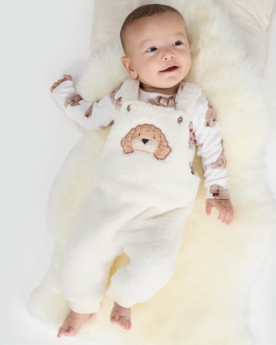image 1 of F&F Curtis The Dog Baby 2-Piece Fleece Dungarees and Bodysuit Set in White