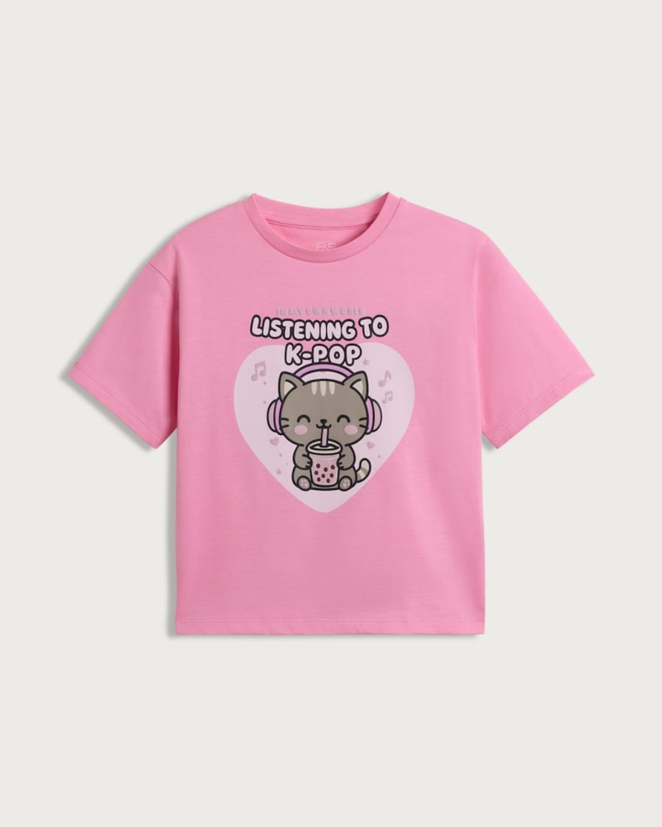 image 1 of F&F Girls Pure Cotton Listening to K-Pop T-Shirt in Pink