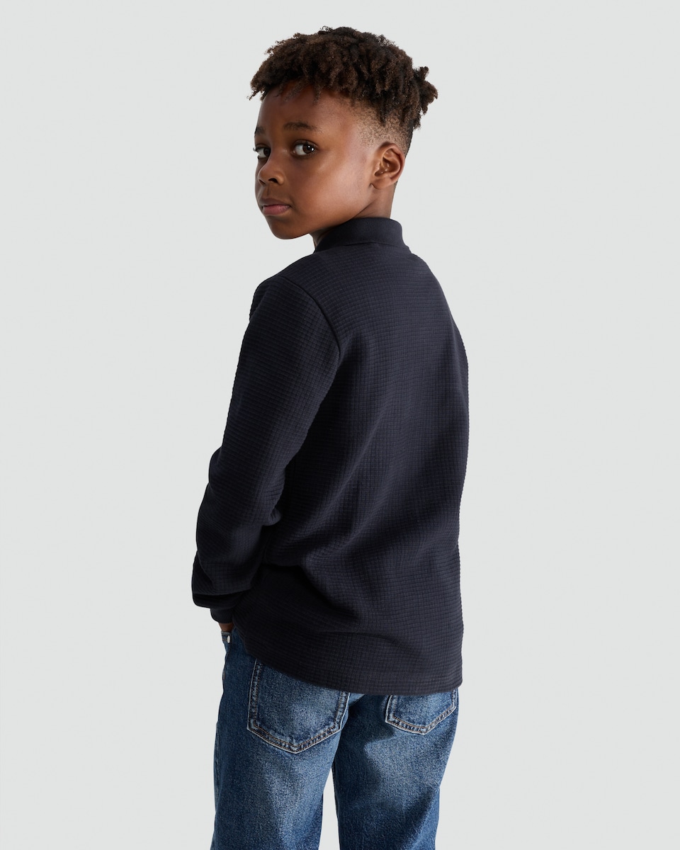 image 1 of F&F Boys Pure Cotton Waffle Textured Zip Polo Top in Navy