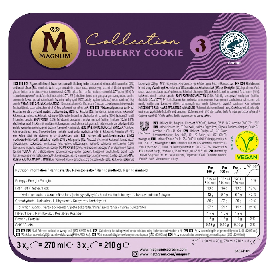 image 1 of Magnum Collection Vegan Blueberry Cookie Ice Cream Sticks 3 x 90ml