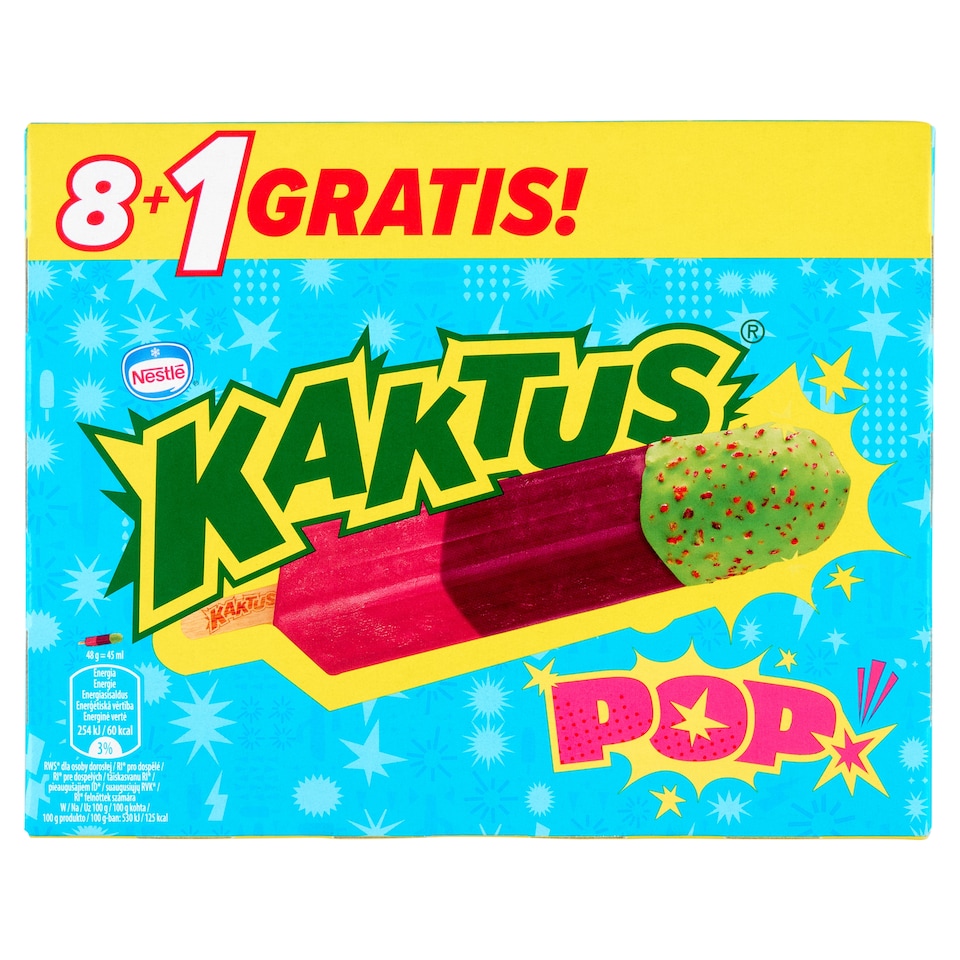 Kaktus Pop málnaízű és áfonyaízű vizes jégkrém, rágógumiízű zöld bevonattal 9 db 405 ml   1. kép