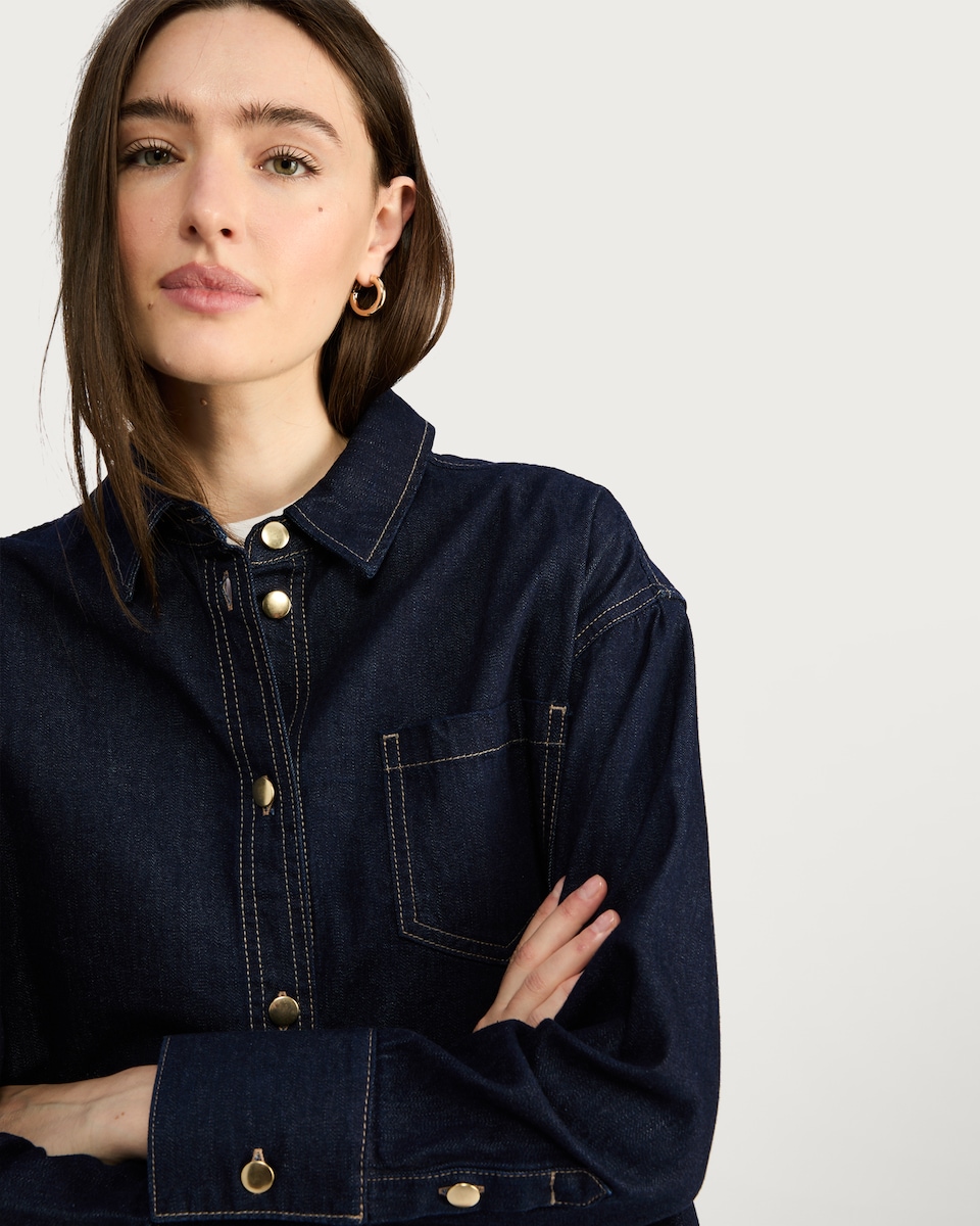 image 1 of The F&F Edit Denim Cropped Pocket Detail Co-ord Shirt in Navy