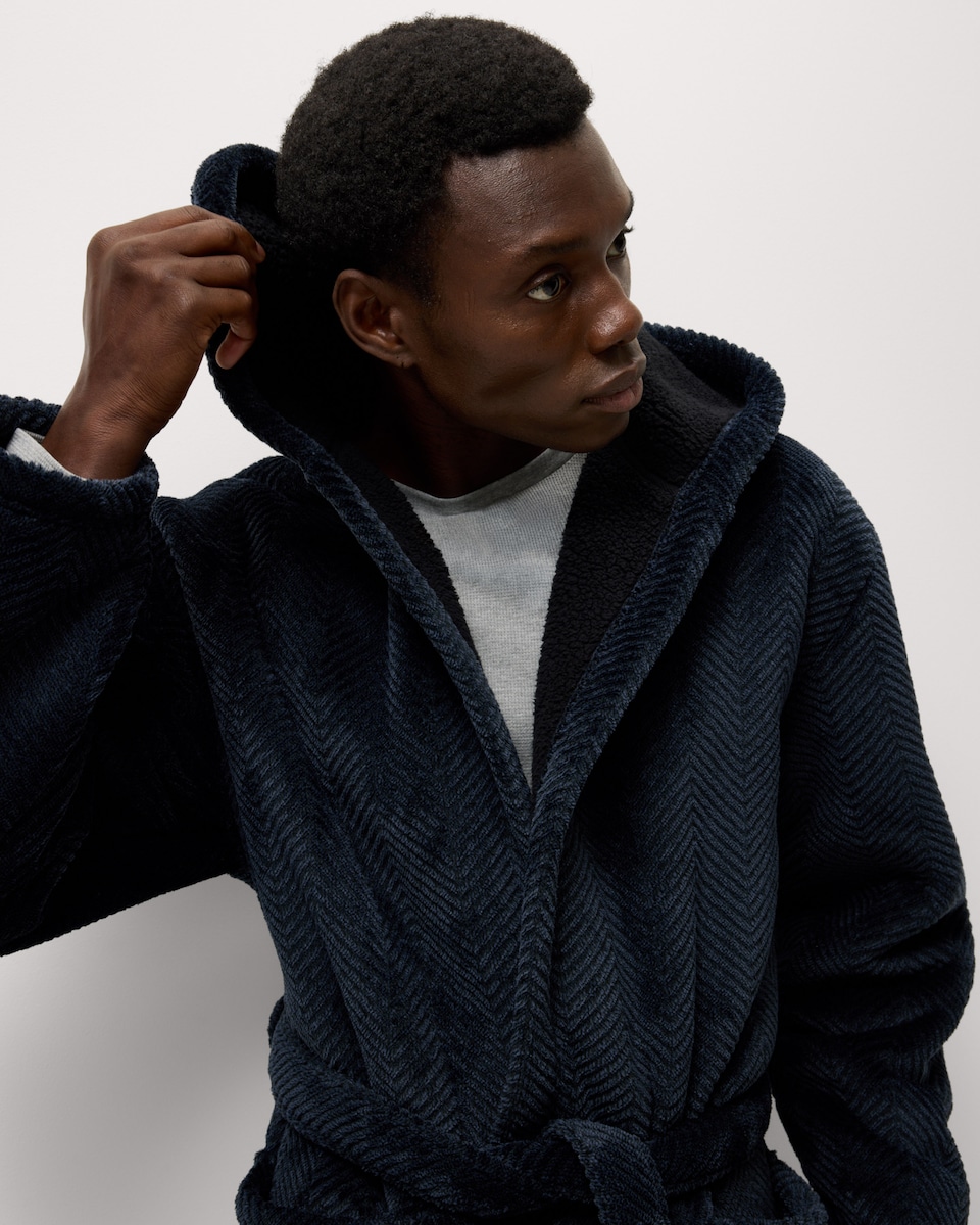 image 1 of F&F Fleece Bonded Herringbone Hooded Dressing Gown in Navy