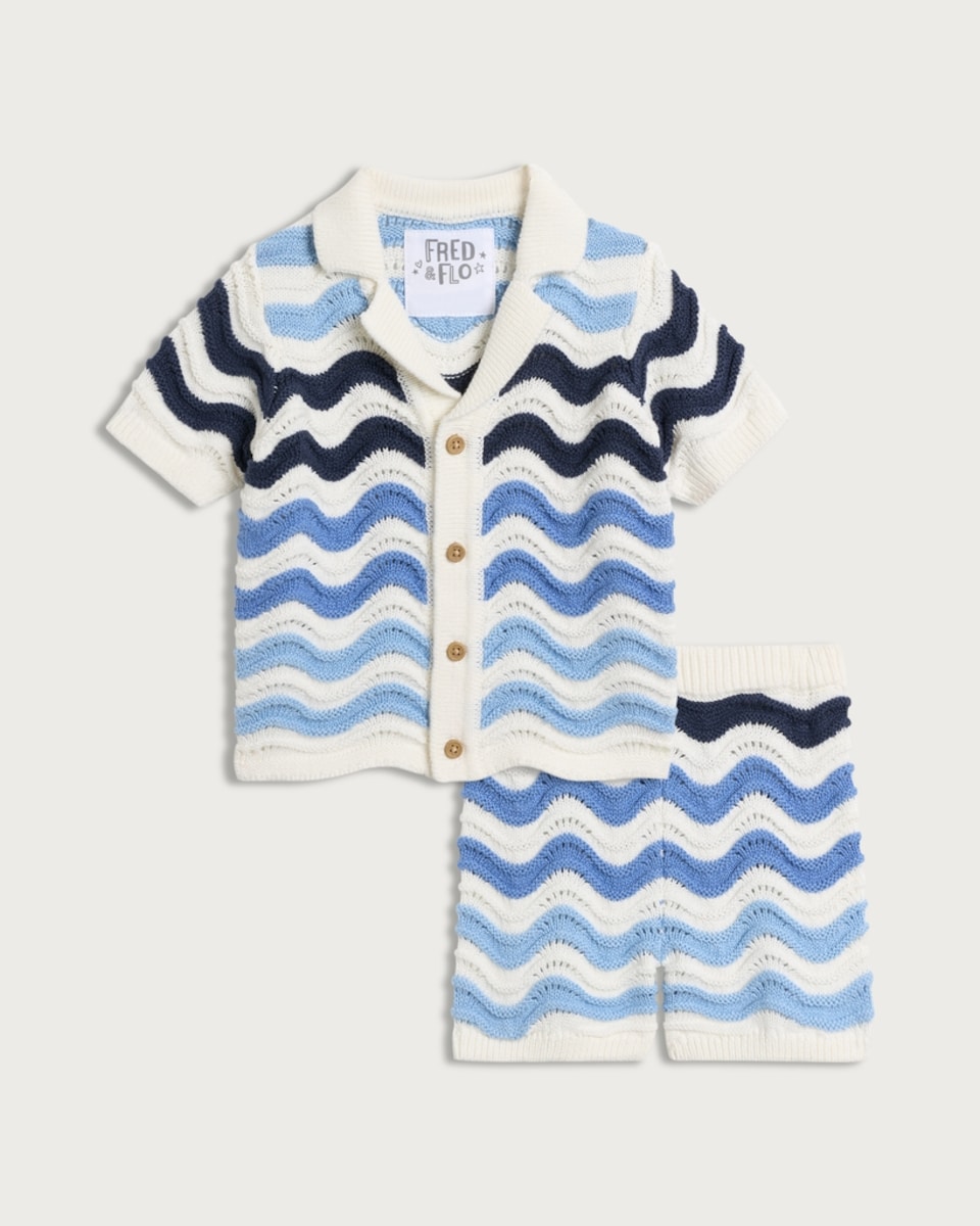 F&F Baby 2-Piece Pure Cotton Wave Knit Shirt and Shorts in Blue