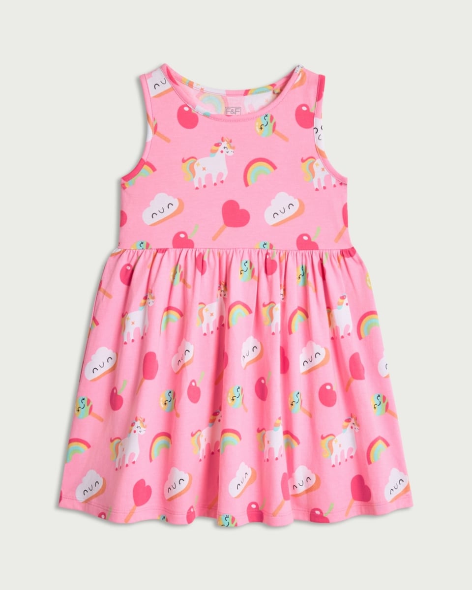 image 1 of F&F Girls Pure Cotton Unicorn Print Sleeveless Dress in Multi Pink