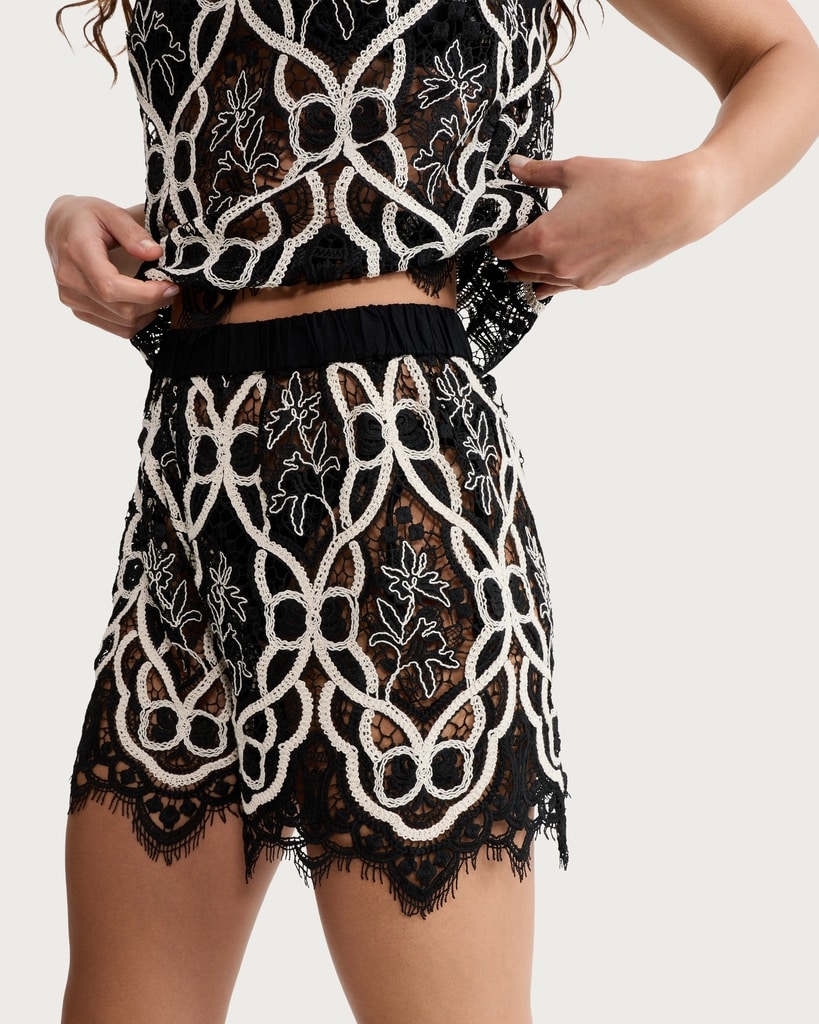 F&F Embroidered Lace Trim Co-ord Shorts in Multi Black White