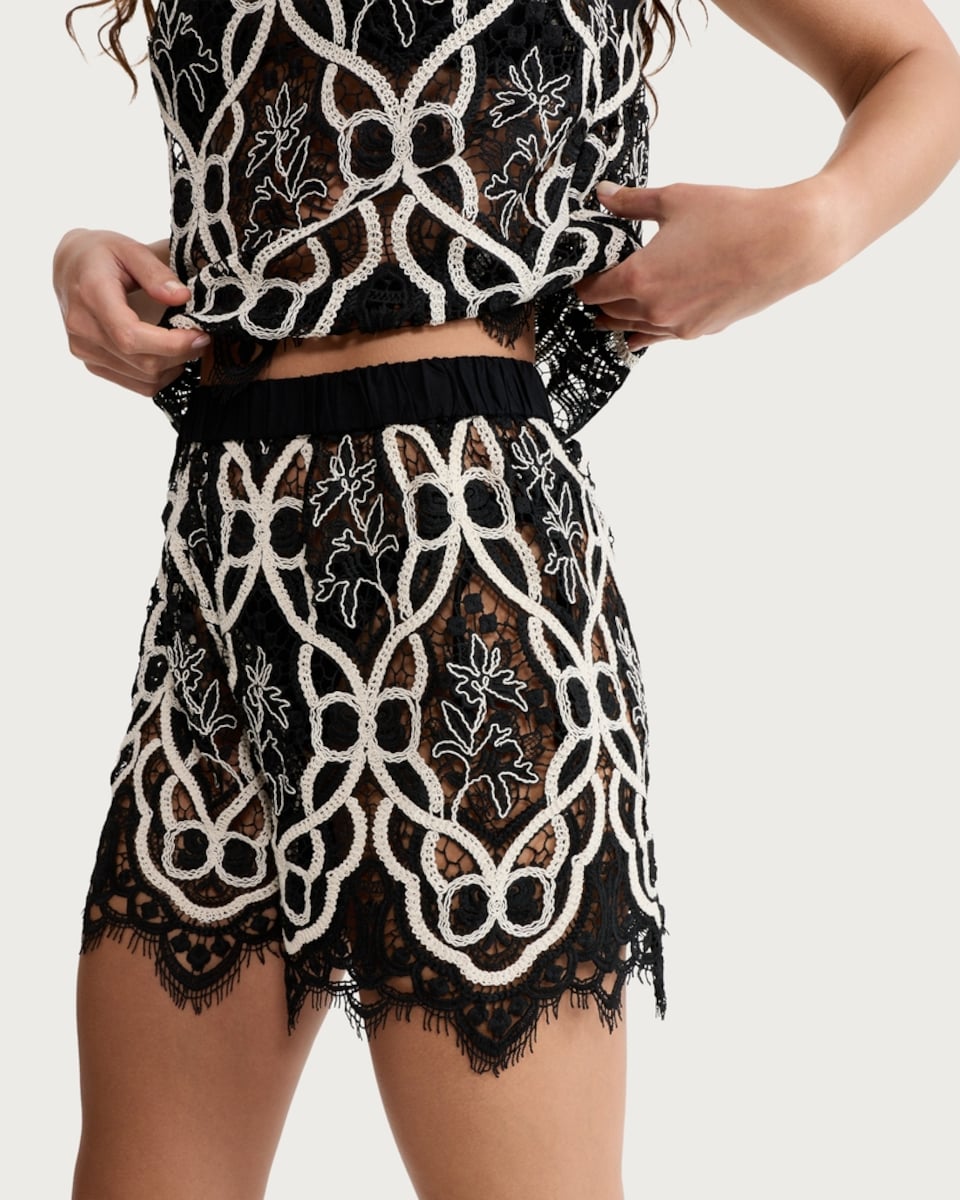image 1 of F&F Embroidered Lace Trim Co-ord Shorts in Multi Black White