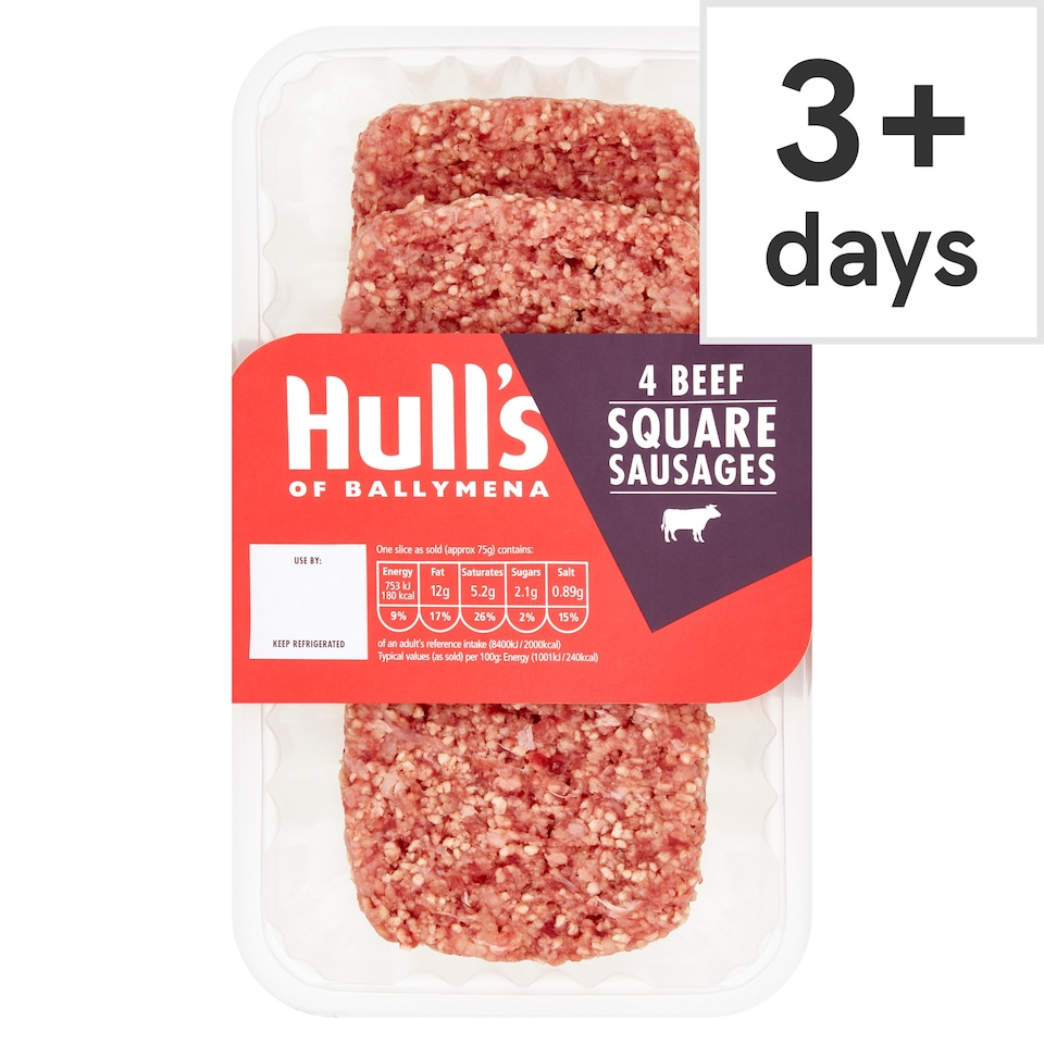 Hulls 4 Beef Square Sausages 300G