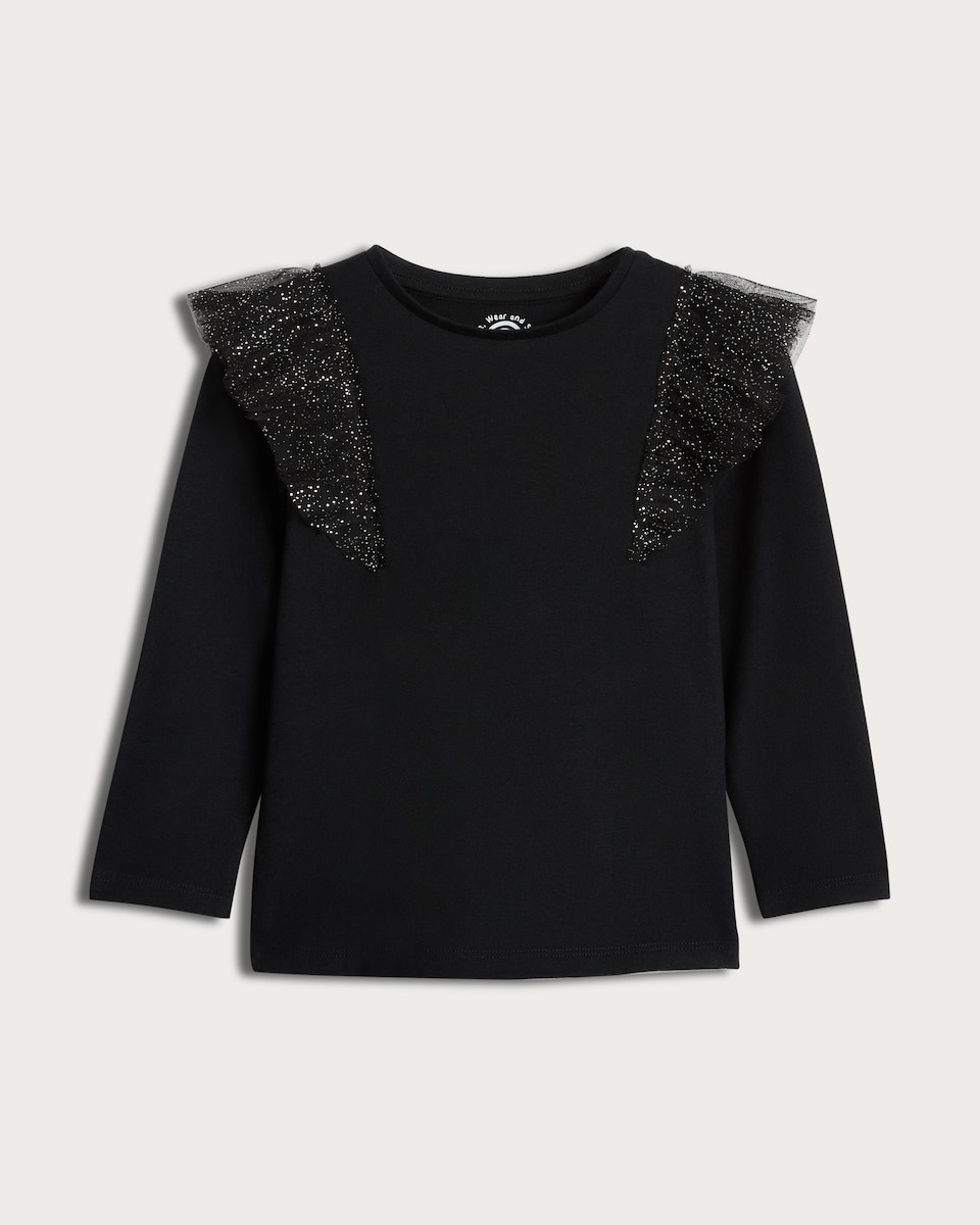 image 1 of F&F Girls Pure Cotton Ruffle Shoulder Long Sleeved Top in Black