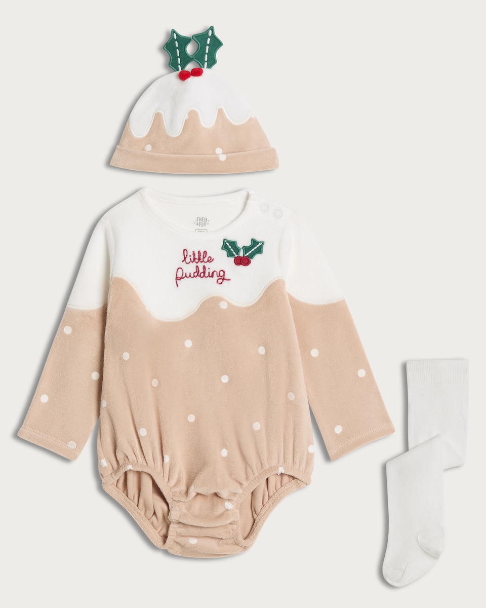 image 1 of F&F Baby 3-Piece Cotton Rich Little Pudding Bodysuit, Hat and Tights Set in White