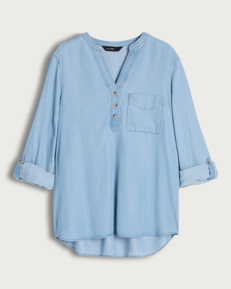 image 1 of F&F TENCEL™ Button Detail Roll Sleeved Blouse in Blue