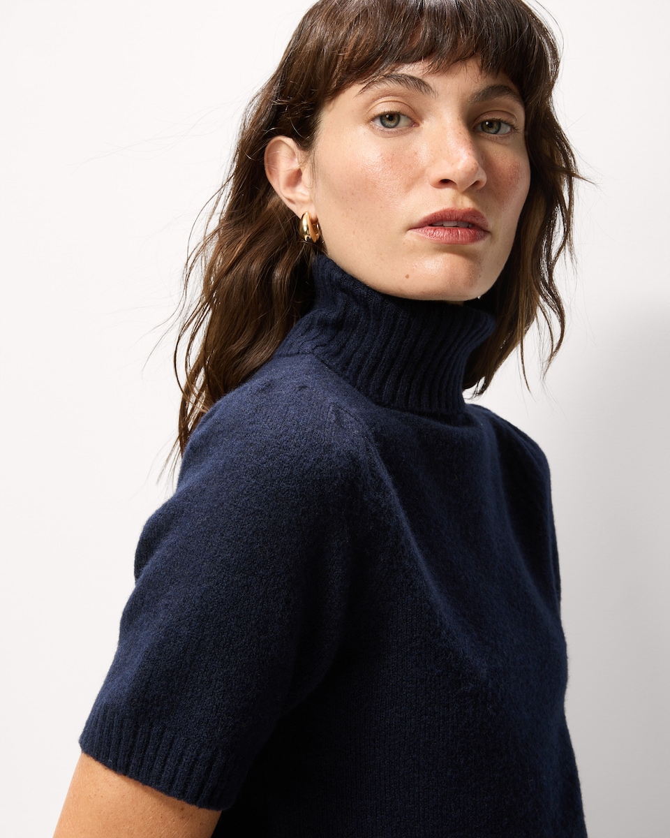 image 1 of F&F Roll Neck Puff Sleeved Jumper with Wool in Navy